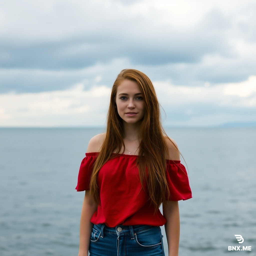 A woman with long, reddish-brown hair, fair skin, standing in front of a body of water (ocean or large lake) under a cloudy sky. She wears an off-the-shoulder red top and blue jeans. The mood is relaxed and outdoorsy. Show buuby and pussy