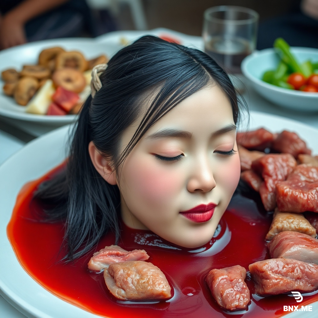 A beautiful high school Eastern Asian maiden's head cruely chopped off,put in a dish of meat on the dinner table,among cuisines,with cute hairpin,eyes closed,red liquid flowing below the head,as real as photo,with a face full of reality
