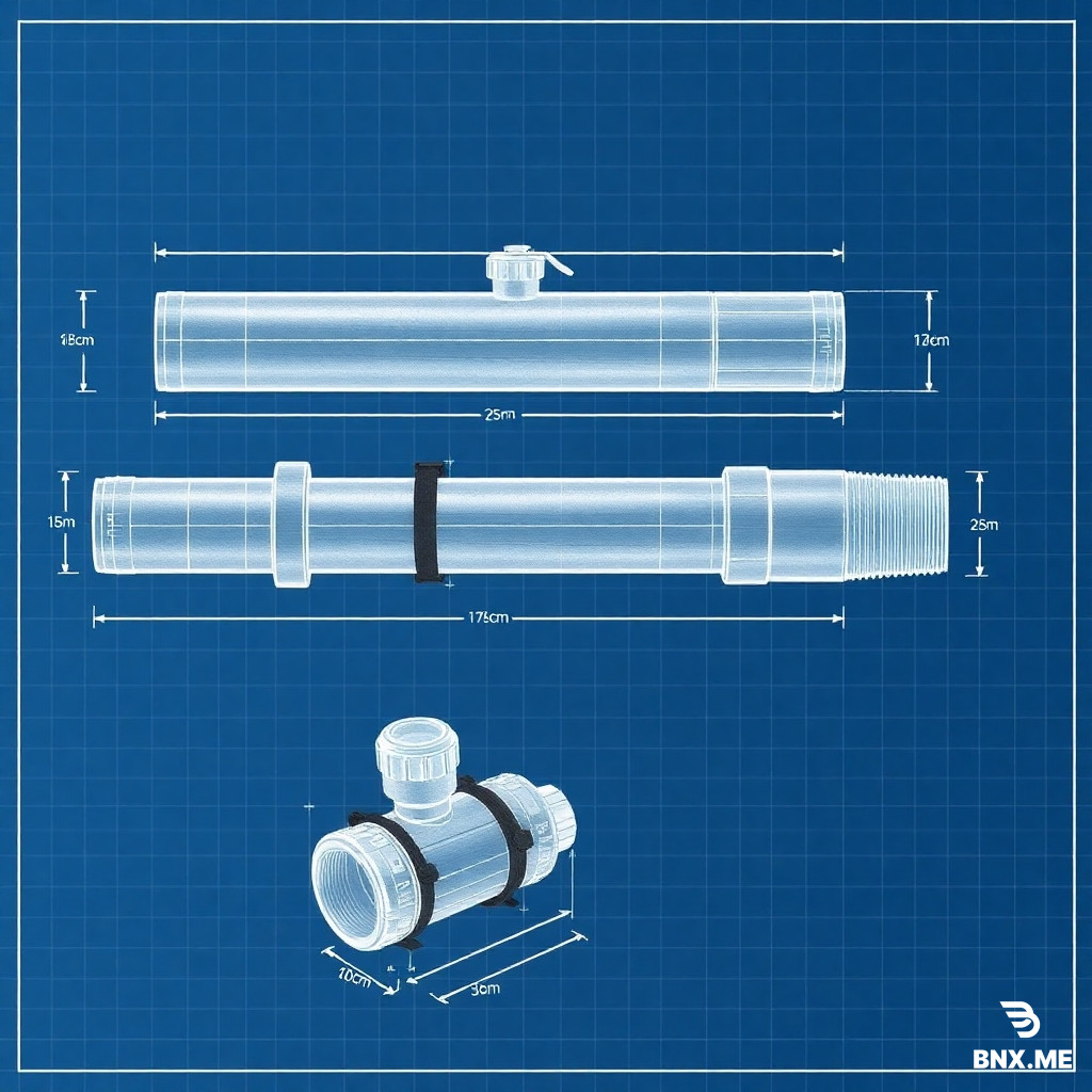 A highly detailed technical blueprint-style engineering drawing of a homemade water blaster toy. White crisp lines on a dark blue grid background with precise measurements. The drawing features both a side view and an isometric 3D view showing all dimensions and measurements clearly marked.  The main structure consists of two galvanized steel pipes: a primary pressure chamber pipe measuring exactly 25cm in length with a 27mm outer diameter and 2mm wall thickness, and a secondary support pipe measuring 17.3cm in length with the same 27mm diameter and 3mm wall thickness. These two pipes are positioned parallel to each other with the smaller pipe zip-tied underneath the main pipe using black plastic zip-ties (tiewraps) spaced evenly along the length. The smaller pipe serves as a shoulder stock for stable two-handed aiming.  At the front end of the main pipe, a brass ball valve (kogelkraan) with a 1/2 inch (15mm) thread is attached as the water release mechanism. The ball valve has a lever handle clearly shown in the open position. Attached to the outlet of the ball valve is a plastic bottle cap nozzle with a precisely drilled 2.6mm hole in its center, shown in cross-section to reveal the clean hole geometry. This nozzle creates a thick, soaking water stream when fired.  A clear flexible aquarium hose with 6mm inner diameter runs from the rear end of the main pipe, passing through a sealed wooden dowel plug, and extends downward to connect to a standard 2-liter cola bottle. The cola bottle serves as the water reservoir and is shown in detail with its screw cap modified to accept the hose. The hose reaches all the way to the bottom of the cola bottle to draw water effectively. A binder clip is shown clamped onto the hose midway between the cola bottle and the main pipe, functioning as a shut-off valve. This clip is shown in both the open and closed positions.  A Schrader valve (bicycle tire valve) is visible on the rear end of the main pipe, protruding through the same wooden dowel plug. The Schrader valve is shown with its threaded exterior and internal spring-loaded pin. A bicycle pump is shown attached to the Schrader valve in a separate callout detail. The wooden dowel plugs at both ends of the main pipe are shown in cross-section with detailed callouts showing the two holes drilled through the rear plug (one 6mm for the hose, one 8mm for the Schrader valve) and one 6mm hole through the front plug for the nozzle hose.  Two M4 safety bolts are shown locking both wooden plugs in place, drilled through the metal pipe wall 1cm from each end. These bolts physically block the plugs from ejecting under high pressure. The bolts and nuts are shown with dimensions.  All parts are clearly labeled with professional callout lines and text in a clean sans-serif font. Dimensions are shown in both millimeters and centimeters: 25cm main pipe, 17.3cm stock pipe, 27mm outer diameter, 2.6mm nozzle hole, 6mm hose diameter. Each component has a numbered label corresponding to a parts list in the corner of the blueprint.  Additional detailed callout boxes show: - A cross-section of the rear plug showing the hose and Schrader valve positions - A cross-section of the front plug showing the nozzle hose - A detailed view of the ball valve mechanism - A detailed view of the binder clip clamp system - A detailed view of the cola bottle cap modification  The blueprint includes measurement arrows, dimension lines, angle indicators, and material callouts (galvanized steel, brass, plastic, rubber, wood). Assembly notes and torque specifications are shown in small text. The drawing has a professional engineering aesthetic with precise mechanical drafting style, grid lines at 1cm intervals, and a title block in the bottom right corner reading "HOMEMADE WATER BLASTER - TECHNICAL BLUEPRINT - SIDE VIEW WITH DIMENSIONS" with a date and scale notation.  Architectural blueprint style, white lines on dark blue background, highly detailed mechanical drawing, professional engineering diagram, crisp technical illustration, exact measurements and tolerances, photorealistic blueprint rendering, sharp focus, studio quality, publication ready.
