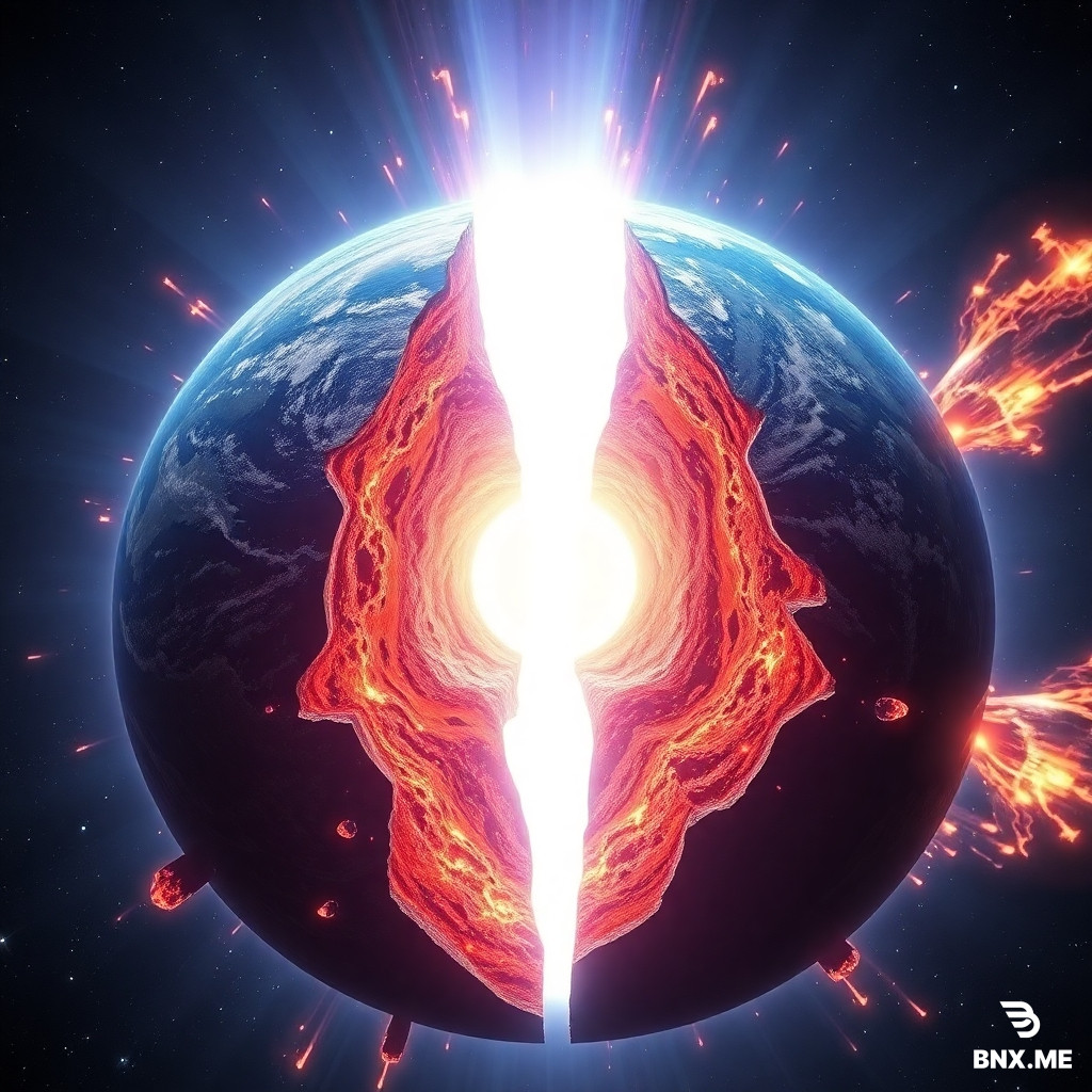 A cross-section dramatic view of planet Earth fracturing from the inside out. At the exact center of the Earth's molten core, an ultra-bright, subatomic point of energy is releasing a catastrophic explosion of blinding white and purple gamma-ray radiation. The immense outward radiation pressure is violently shattering the Earth's mantle and crust into massive, glowing, molten pieces of planetary shrapnel. Oceans are flash-boiling into space, continents are splitting apart, and bright plasma fire vents from the cracks. Sci-fi cinematic concept art, highly detailed, high-stakes planetary destruction.