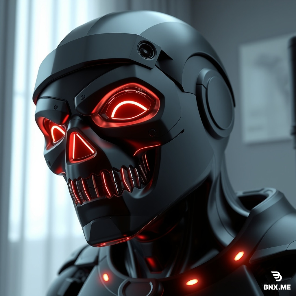 3D-персонаж, темное металлическое черное тело, покрытое светящимися голубыми неоновыми линиями, на чистом черном фоне