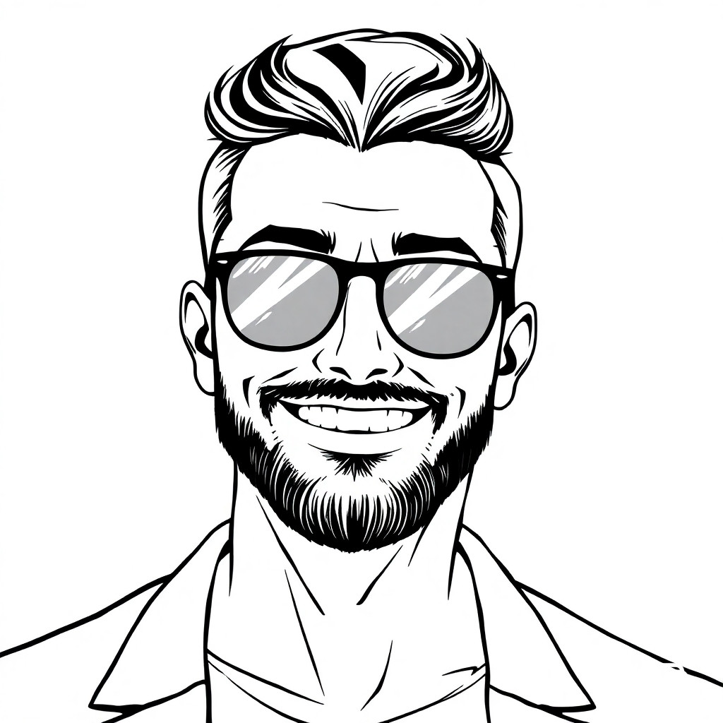 Stilizzata, bianco e nero, primo piano di un uomo sorridente, barba curata a punta, occhiali stile Ray-Ban (montatura sottile, lenti trasparenti, non da sole). Tratto minimale e pulito, linee nette, senza sfondo o sfondo neutro, illustrazione vettoriale, disegno in bianco e nero ad alto contrasto