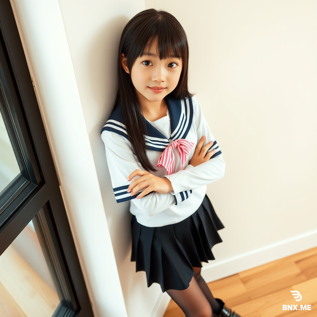 Photo, young east asian girl, long straight black hair, bangs, gentle sweet expression, arms crossed, leaning against wall, wearing JK sailor uniform, white sailor top, navy sailor collar with double white stripes, pink striped bow tie, black pleated mini skirt, black pantyhose, black leather shoes, indoor corner, off‑white wall, wood floor, soft indoor natural lighting, realistic portrait, photorealistic, realistic skin texture, full body shot, complete composition, rich details