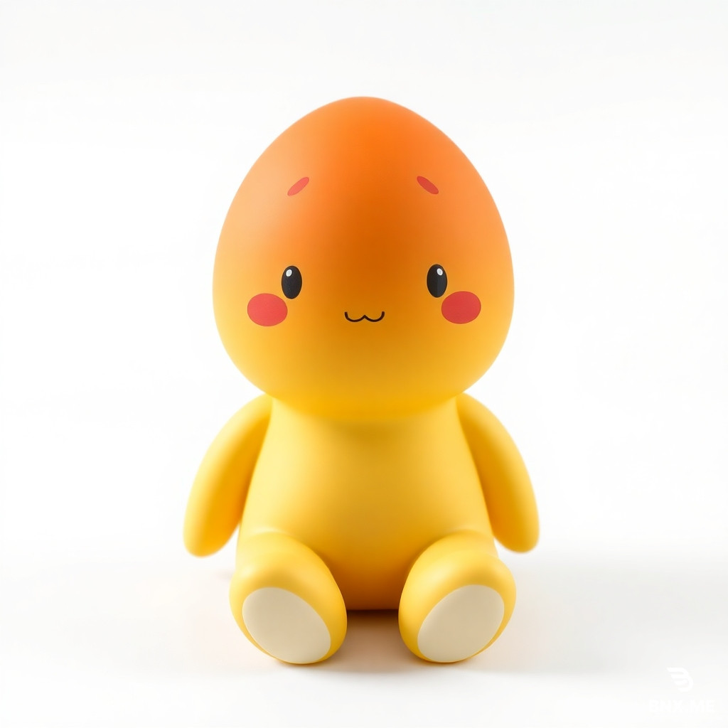 A 3D collectible vinyl toy figure based on a cute starfish character. Keep the exact original toy-like proportions and seated pose from the reference image: rounded limbs, simple body, soft minimal shapes. Do not change body structure or add clothing or accessories. Remove any skirt or clothing elements completely. The figure has a smooth soft matte vinyl surface like a designer toy collectible. The face is minimal and clean: small dot eyes and a tiny simple mouth, calm neutral expression, centered and symmetrical. Replace any previous face design completely. The character design is a starfish-inspired creature with a color palette of warm orange, soft yellow gradients, and subtle red accents that look like hand-painted watercolor brush strokes applied onto the vinyl surface (but still physically a toy paint finish, not paper or illustration texture). The paint effect should look like slightly uneven hand-applied paint blending naturally into the toy surface, giving an artistic handmade feel while still clearly being a manufactured collectible figurine. Lighting: clean studio product photography, white background, soft shadows, high-end collectible toy catalog style. No cartoon illustration style. No plush texture. No ceramic texture. Pure vinyl designer toy aesthetic.