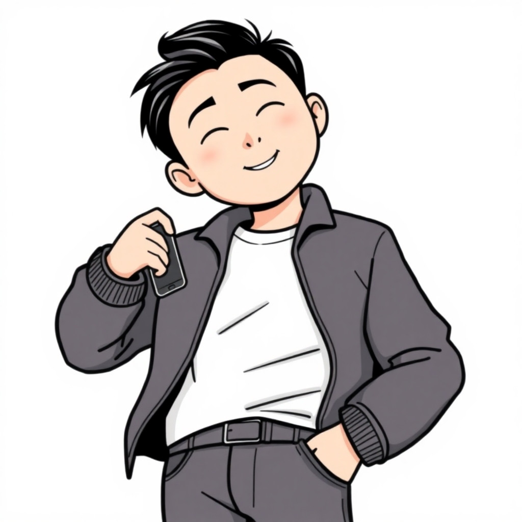 他把手机拿出来 "Cartoon illustration. A young Asian man reaching into his pocket and taking out a smartphone. Simple white background. Educational style. Clean lines."
