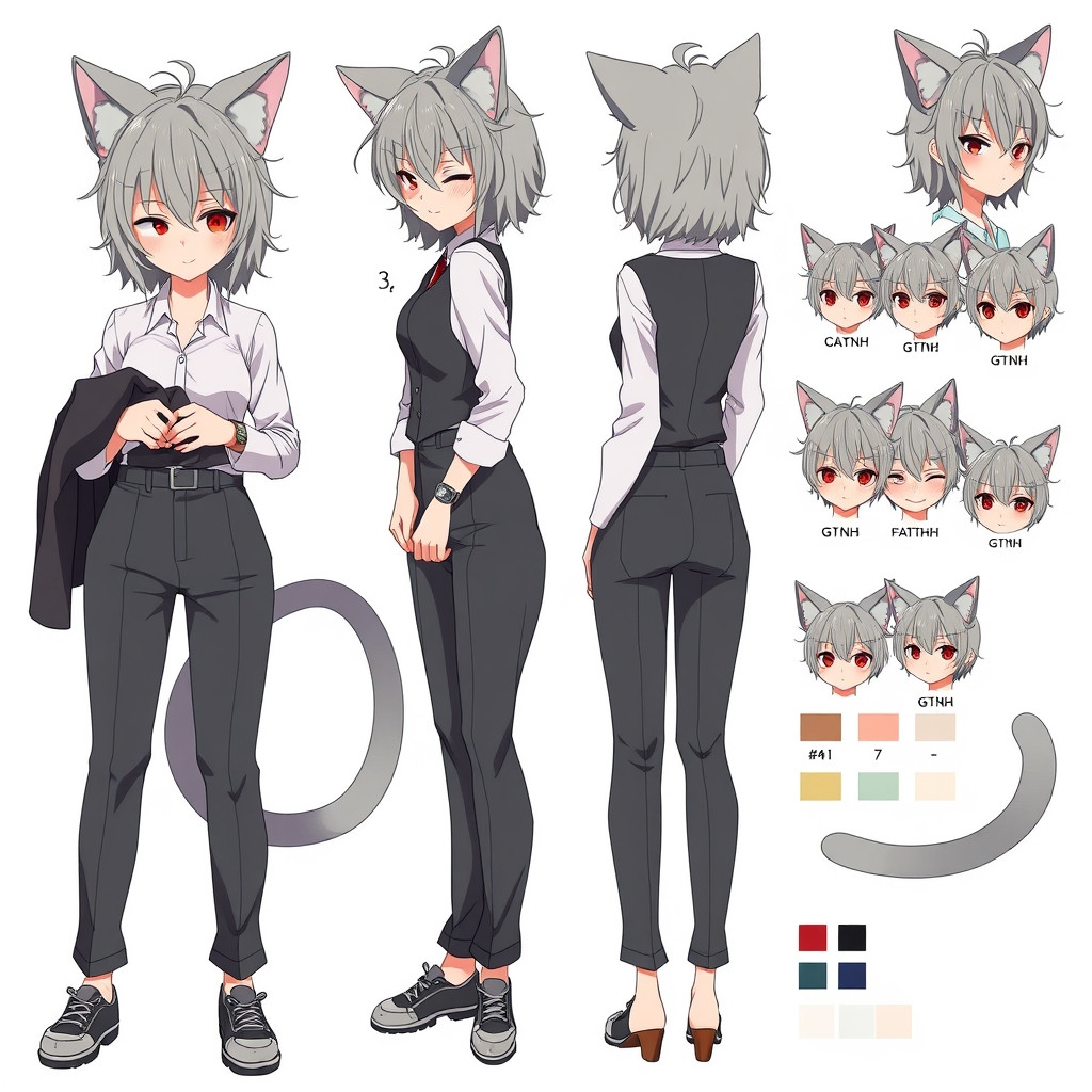 anime character sheet, character design sheet, full body, front view, back view, side view, expression sheet with 8 facial expressions, color palette swatches, female office worker, grey messy medium hair, large ahoge, grey fluffy cat ears, grey fluffy cat tail, red sleepy eyes, mole under left eye, catlike smile, white dress shirt, dark grey tailored trousers, grey sneakers, holding dark grey blazer in hands, thin silver chain with silver GTNH logo pendant, wristwatch, thin cigarette in hand, white background, high quality, detailed --ar 3:4  Negative prompt: skirt, green hair, green tail, green ears, brown eyes, fish pendant, vest, heels, low quality, bad anatomy, extra limbs