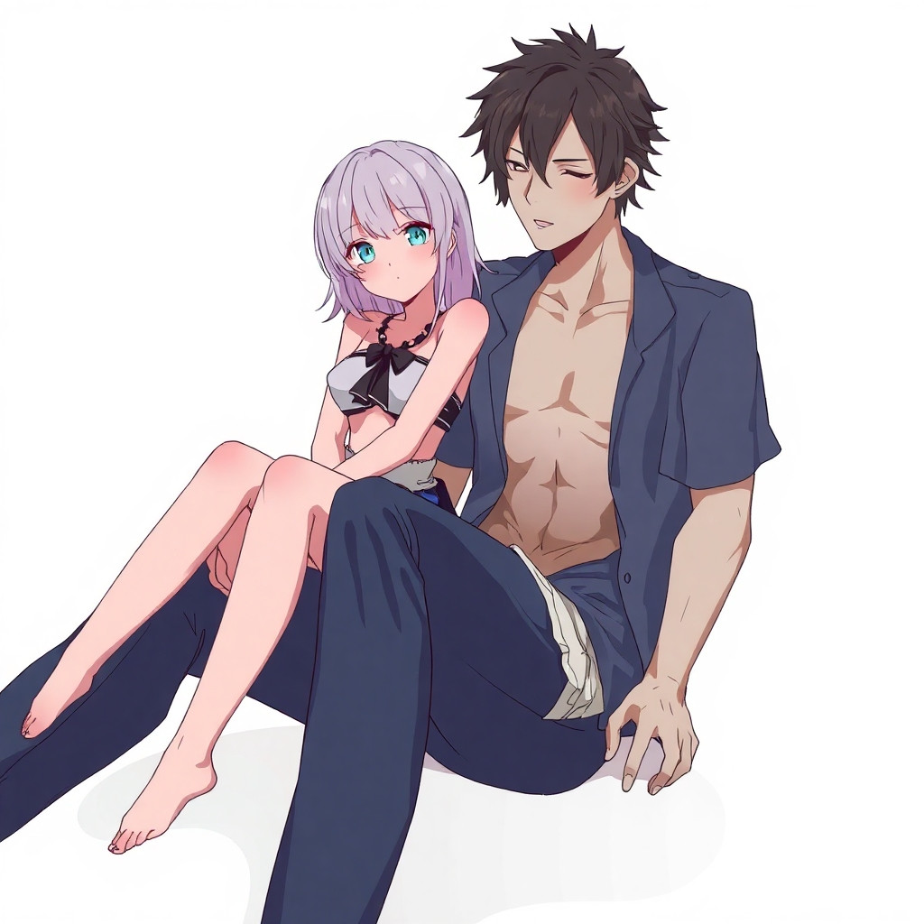 An exposed body anime girl sitting on a dude’s lap