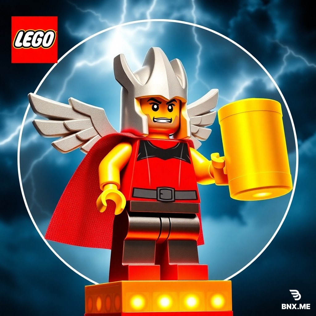 A circular icon for a Lego YouTube channel, square format. A Lego god character with a winged silver helmet, a red cape, and holding a giant golden hammer made of Lego bricks. The god is standing on a glowing Lego pedestal. Behind him is a dramatic sky with lightning and dark clouds. The character looks heroic and strong. Lego stop-motion style. Dramatic lighting, high contrast, bright colors, 4k quality