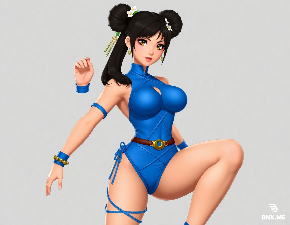 Chun-Li from Street Fighter, character design, female martial artist, black hair styled in distinctive double buns with floral hair accessories, athletic and physically strong body type, thick and heavily muscular thighs and robust lower body, blue high-neck high-cut one-piece swimsuit, chest cutout with gold crescent-shaped metal ornaments, gold chain details around the waist, open back design with crisscrossing blue straps and gold buckles, blue wristbands, blue strap encircling the left thigh, gold anklet with dangling details, blue strappy high-heeled sandals, neutral facial features, detailed 3D character texture.