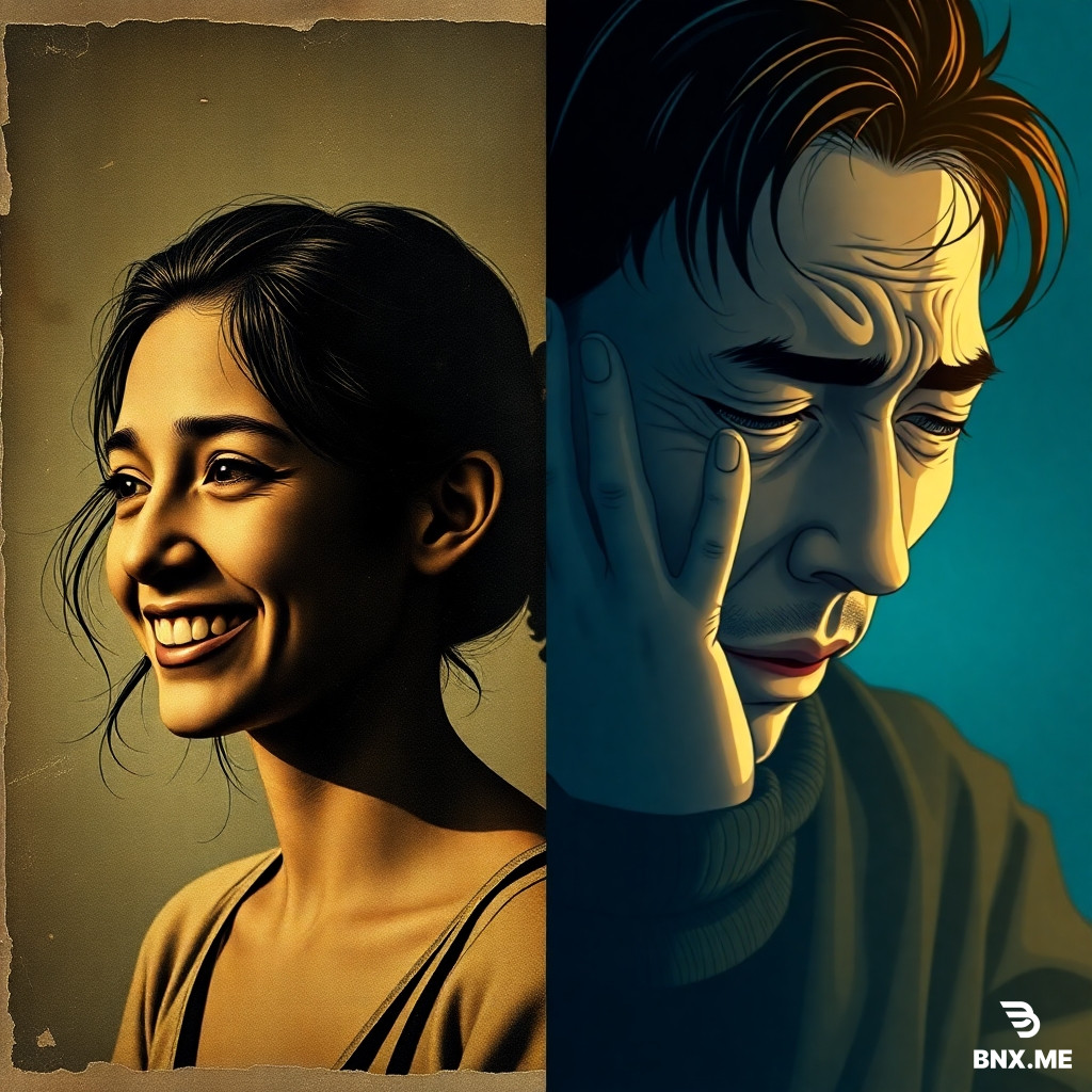 Split screen composition, left side shows an old worn-out photograph of a smiling girl (Dali), right side shows a crying man clutching his head in despair, cold blue tone on the right vs warm golden tone on the left, visual metaphor of karmic debt, anime style, intense emotion.