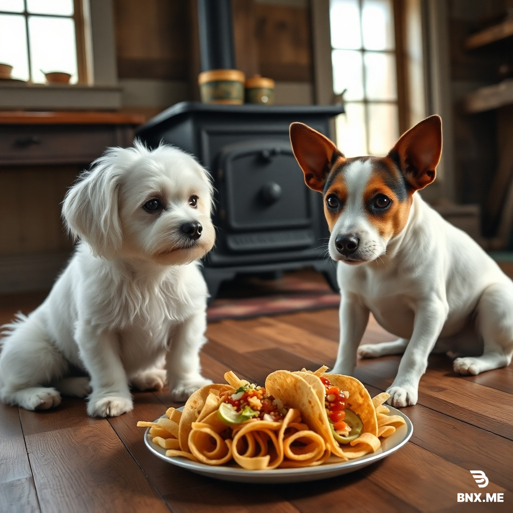 Photorealistic image of a white fluffy Maltese and a Jack Russell Terrier with dark brown ears and brown patches over both eyes, both sitting on a kitchen floor in an 1880s rural farmhouse, looking at a platter of tacos on the floor in front of them. Wood-burning stove in background. Realistic dogs, not cartoonish, no humans present.
