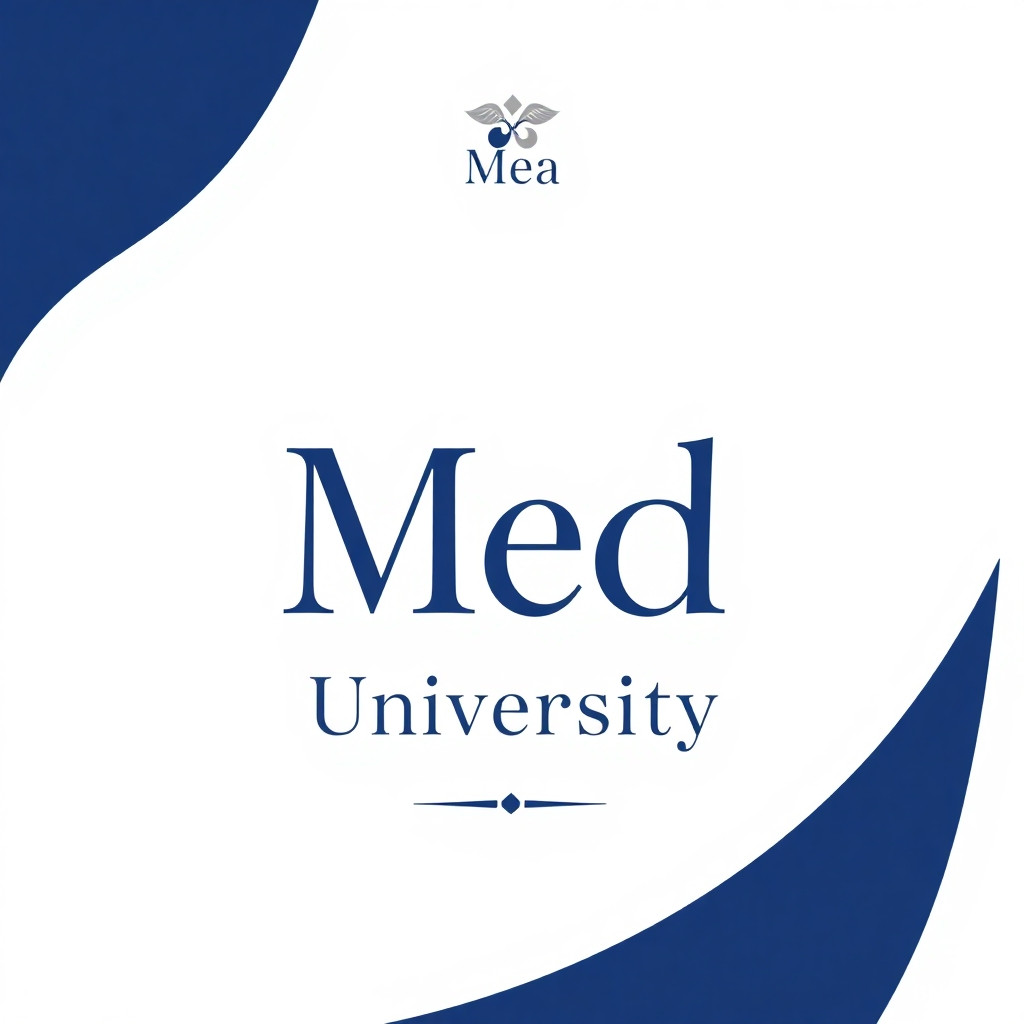 Luxury medical university poster. White background with dark navy blue accents. Top: small elegant logo. Center: large text "Med" and below it "University" in sophisticated fonts. Soft faded medical symbols like heart and stethoscope in the background. Bottom: fine decorative line and small text. Style: minimal, premium, clean, 4k, high quality printing.
