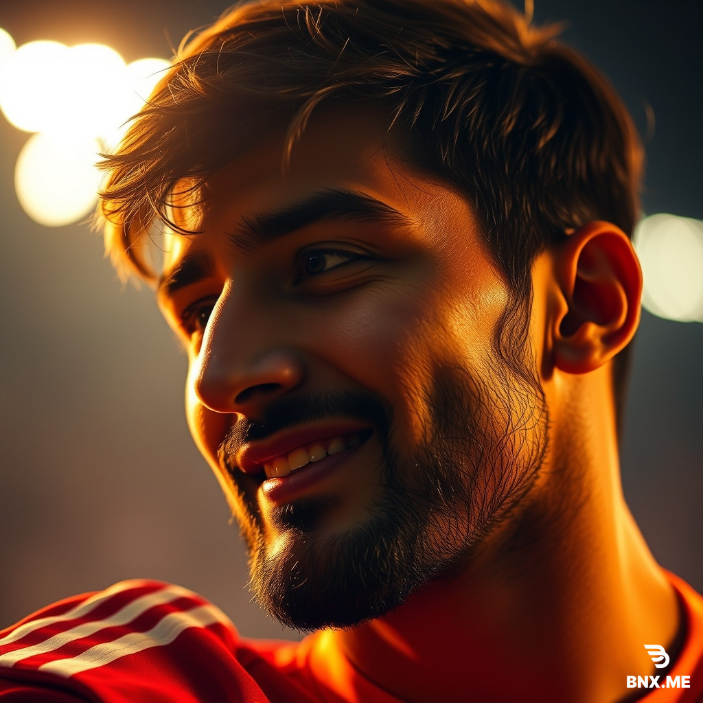 «Romantic cinematic portrait of Ramin Rezaeian, Iranian footballer, soft smile on lips, loving gaze, gentle golden light on his face, blurred stadium lights in background, emotional expression, warm orange and red tones, photorealistic, 8k, breathtaking beauty, unique masterpiece --ar 4:5»  ---