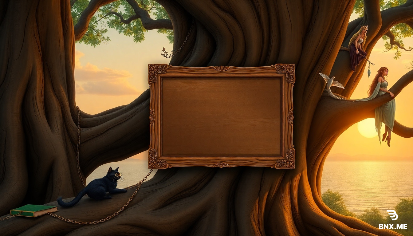 A wide 16:9 illustration of Pushkin's Lukomorye. The right two-thirds of the frame is completely filled by a gigantic, ancient oak, baobab-like, with an enormously thick trunk. On the center of this trunk there is a very large, clearly defined empty wooden board placeholder with a carved golden frame, ready for a custom picture. A single thin golden chain wraps around a low branch. At the base, exactly one wise black cat with a golden monocle and an old book walks along the chain. On the far left edge, exactly one forest spirit Leshy, with a long green beard, mossy skin, and wise eyes, peeks out. On a thick branch on the right, exactly one beautiful Rusalka with a fish tail, watery dress, and flowing hair sits gracefully. The background is a calm bay, distant hills, and a soft golden sunset. Style: Ivan Bilibin mixed with cinematic fantasy, detailed, no duplicate characters, no extra animals or people. No text, no typography.
