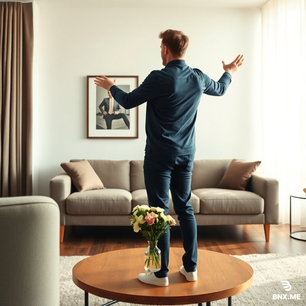 A man stands in a modern apartment interior, making slow, deliberate  hand gestures like conducting music. As he sweeps his hand to the left,  a sofa smoothly slides across the room into a new position by the  window. As he points toward the wall, a framed picture glides through  the air and settles perfectly straight on the wall. As he makes a  gentle downward motion, a coffee table's position shifts slightly and  a vase of flowers appears settled on top of it. Each object moves  smoothly and realistically, no walls or structural elements change,  only furniture and decor rearrange themselves in response to his  gestures. Camera slowly circles around him at medium distance, warm  natural daylight, photorealistic, cinematic interior design style.