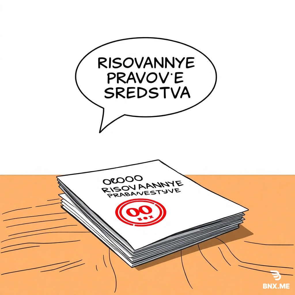 Colorful european comic book style, ligne claire, clear black ink outlines, flat colors. A wooden brown table with a stack of white papers and a round red corporate stamp. Top paper has black text "OOO RISOVANNYE PRAVOVYE SREDSTVA". No people. One empty white speech bubble with black outline floating above the table, completely empty. Background light gray.