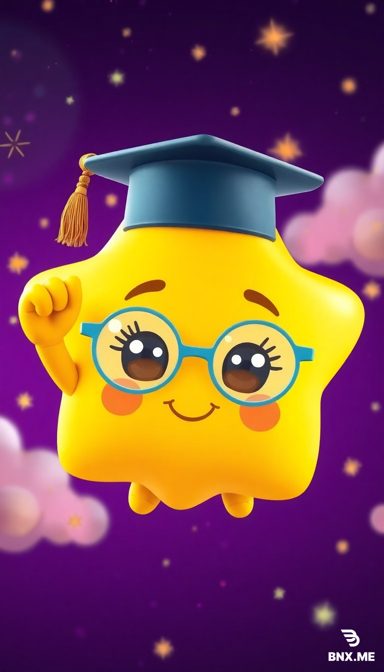 Background: Deep purple night sky with magical sparkles and soft glowing clouds)  "3D animated cute golden star character Lumi with oversized round baby-blue glasses slightly crooked on face, tiny tilted graduation cap with dangling gold tassel, big round brown eyes with long eyelashes and shiny catchlights, rosy pink cheeks, small heart-shaped smile, short chubby arms with rounded tiny fingers, stubby legs with tiny toes, close-up face in a deep purple night sky with magical golden sparkles floating around and soft glowing clouds in the background, adjusting glasses proudly with tiny hand, proud smiling expression, Pixar/Illumination animation style, soft volumetric rim lighting, vibrant preschool colors, glossy textures, high detail, 8k resolution, bright cheerful expression, vertical 9:16."