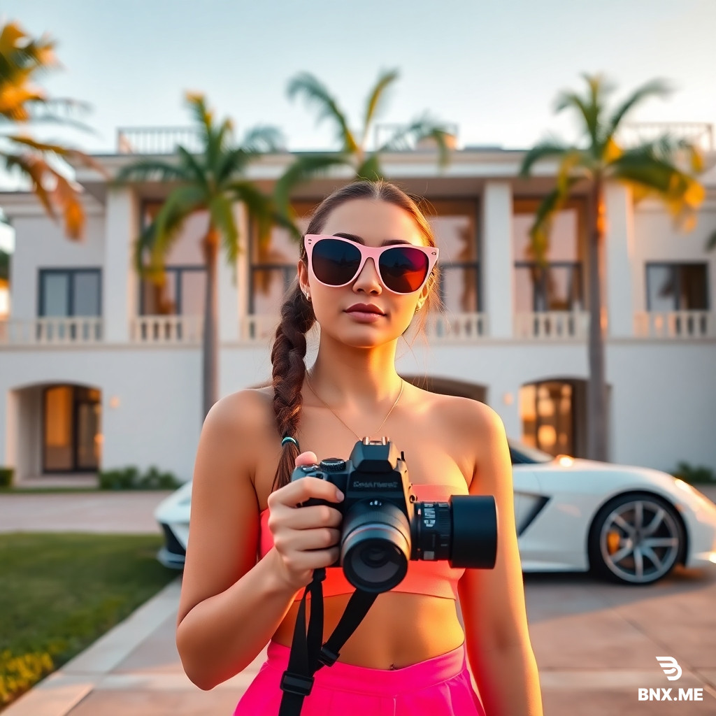 Vlogger screenshot from 2020, in front of a luxury villa. The young vlogger stands in front of a sprawling white villa, mid-sentence, holding a handheld camera. Palm trees sway gently in the background, and the large windows of the villa reflect the golden hour sunlight. The image quality is mediocre, with a slightly grainy resolution. The vlogger wears oversized sunglasses, and a neon-colored outfit, while an expensive sports car sits parked in the driveway behind her. The photo feels staged but casual, capturing a typical influencer moment.