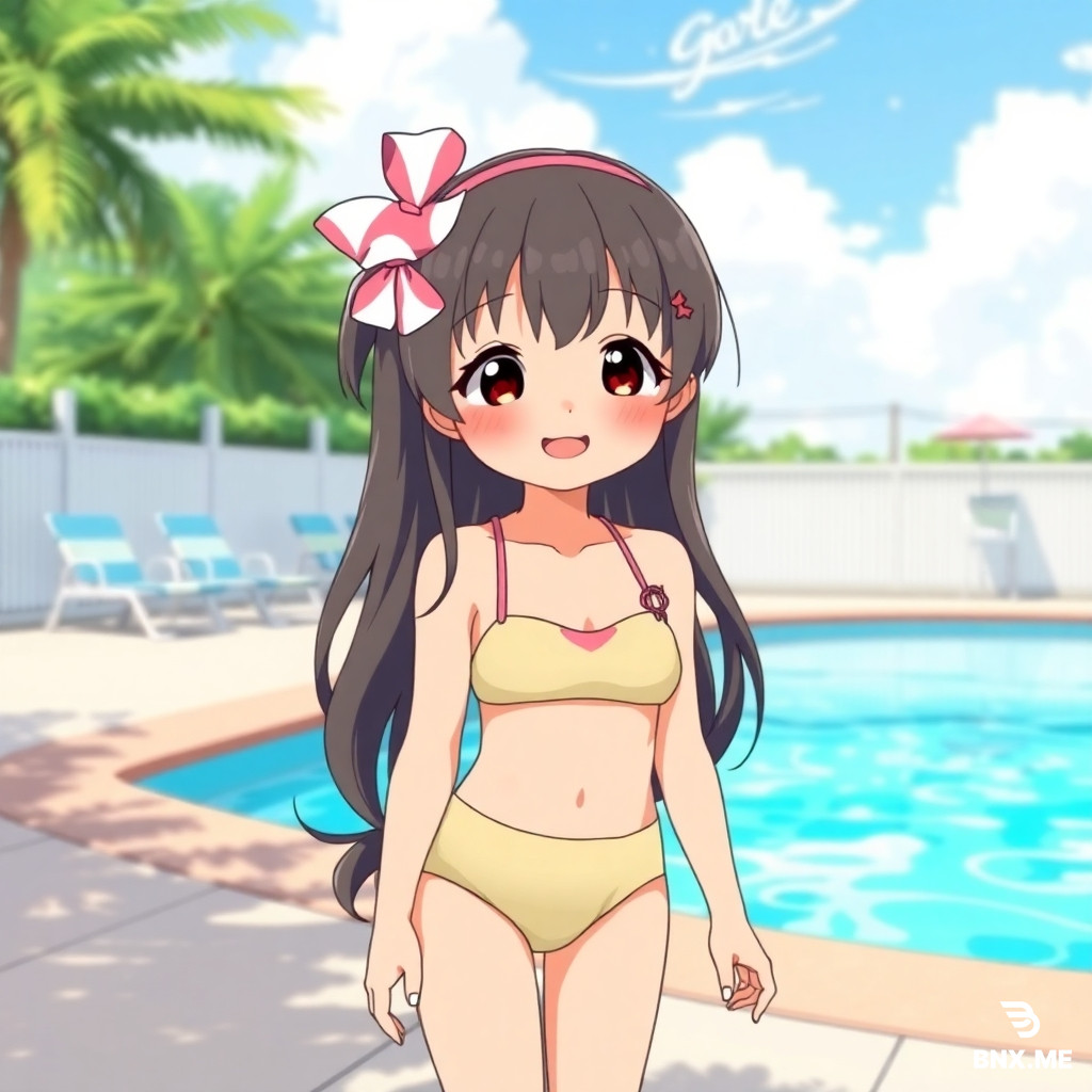 adorable young girl wearing a tiny two piece bathing suit standing near a swimming pool