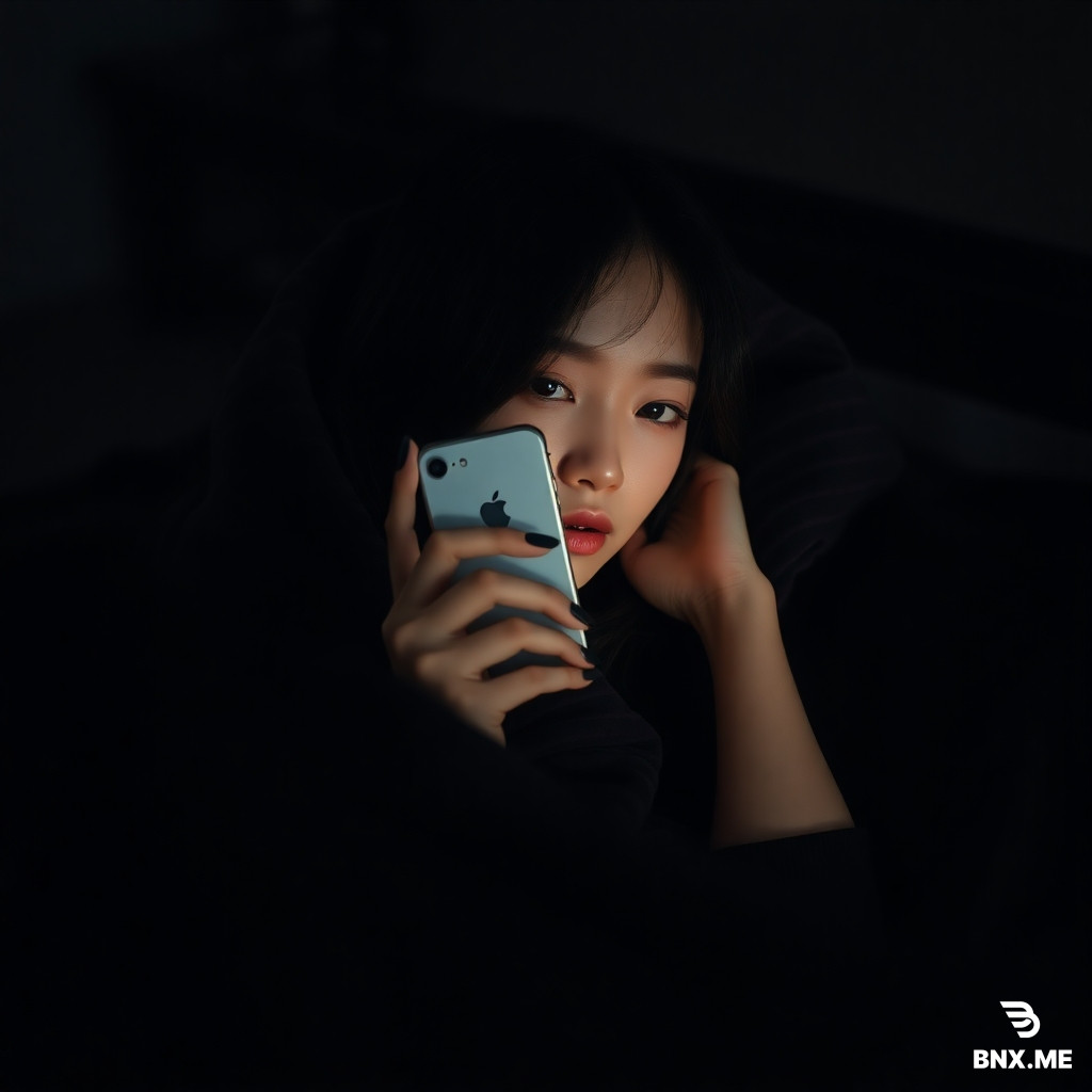 A dimly lit cinematic bedroom scene viewed on a tablet screen at a slight angle in a dark room. A young East Asian woman with an elegant gothic-inspired aesthetic (inspired by Akeno-like refined beauty) has long, silky jet-black hair with soft natural waves and side-swept bangs. Her appearance is graceful and slightly mature, with delicate realistic facial features, smooth skin texture, and calm slightly droopy eyes that give a quiet mysterious and elegant aura. She is shown in a medium shot (not close-up), lying on a bed wrapped in a dark-toned striped blanket. Her posture is relaxed and graceful, with one hand resting near her cheek. She holds an iPhone 6s casually in her hand, partially covering part of her face in a natural, editorial-style pose. The mood is gothic elegant: soft, moody, and cinematic with a refined fashion editorial atmosphere (SFW, non-sexual). The focus is on overall composition, silhouette, and aesthetic mood rather than facial close-up. Warm low bedside lighting blends with deep shadows, creating a cinematic contrast across her figure and hair. The background is softly blurred, showing a slightly messy but aesthetic dark bedroom with shelves and minimal decor. Subtle tablet camera UI overlay (focus square, shutter button) is visible. Captured with iPhone 4S aesthetic: low resolution, slight pixelation, compression artifacts, soft blur, digital noise, weak dynamic range, muted tones, film grain, light motion blur, imperfect focus, nostalgic early smartphone feel, unfiltered realism.