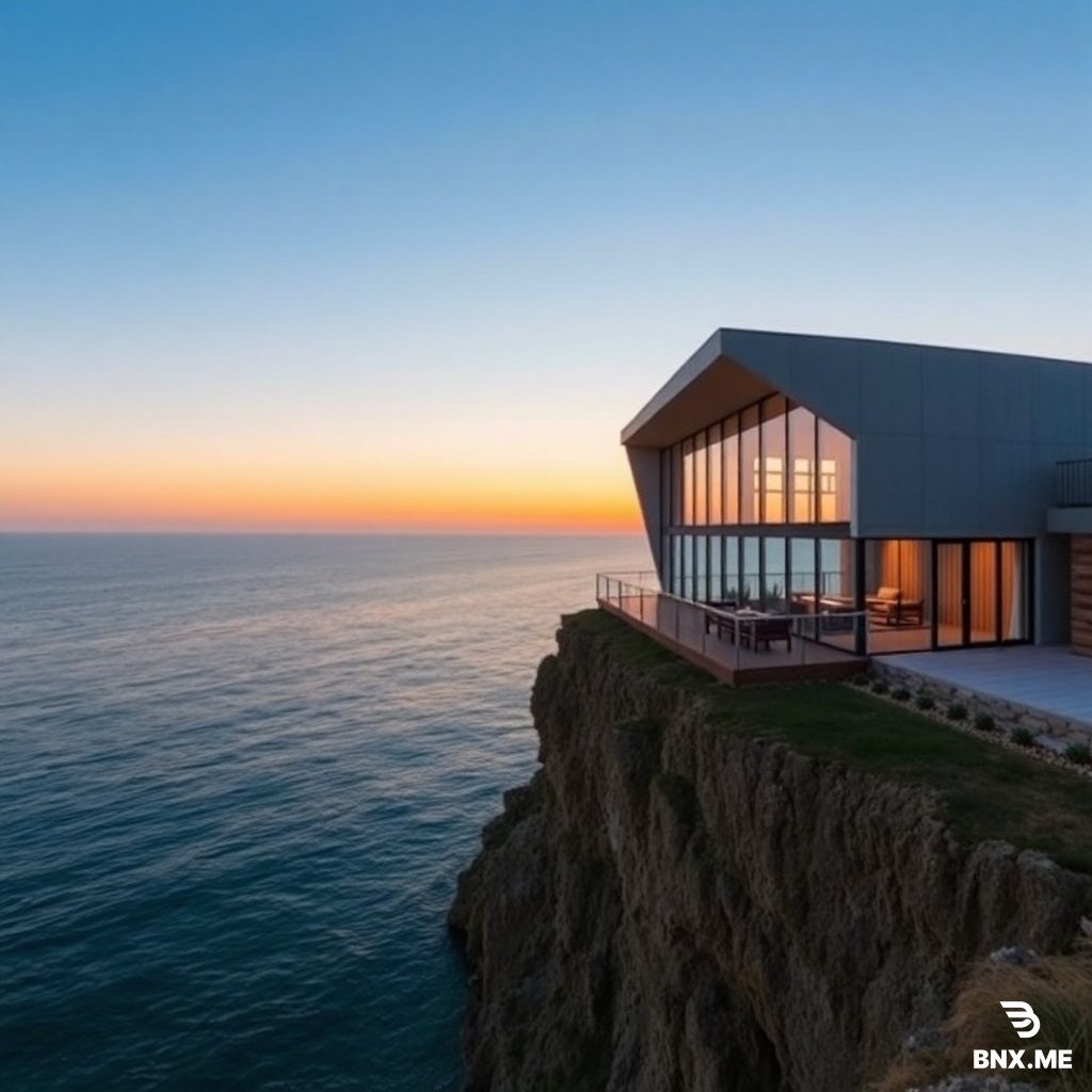 A modern architectural building with large glass windows, situated on a cliff overlooking a serene ocean at sunset.