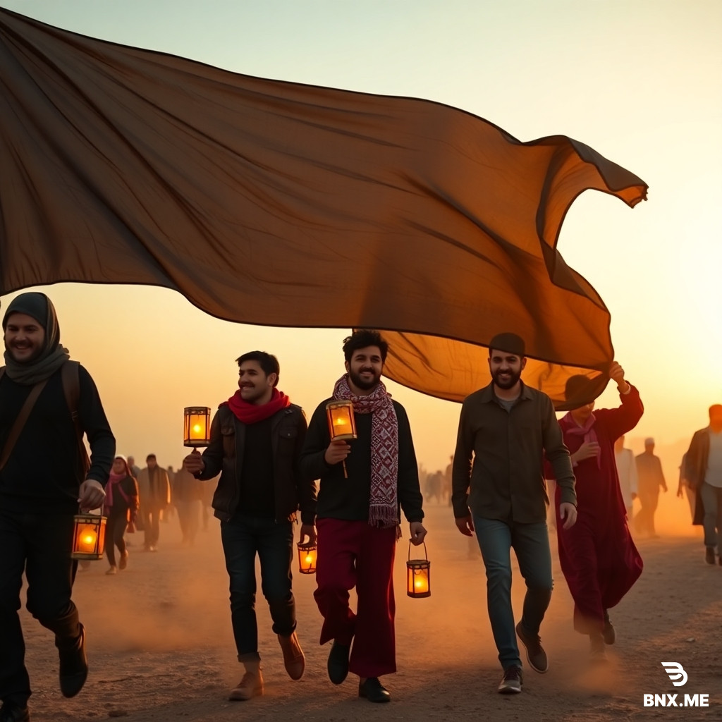 Young group of friends walking together in the Arba'een pilgrimage, holding a huge black flag, laughing through tears, sunset sky, lanterns in hand, dust floating in golden light, unity and brotherhood, warm nostalgic filter, cinematic shot from behind, epic horizon view --ar 9:16