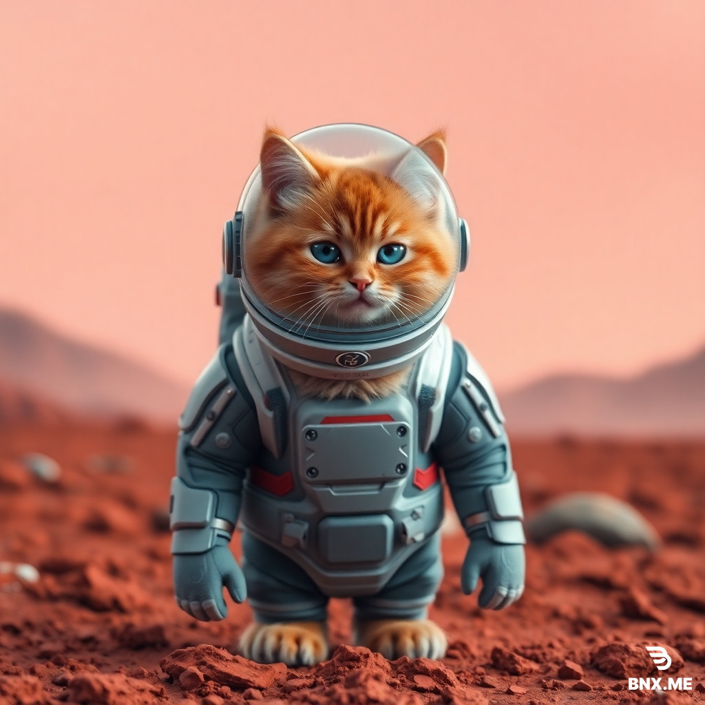 Generate a realistic photo of a fluffy orange cat wearing a high-tech space suit with a transparent helmet, standing on the red rocky surface of Mars. Dusty pink sky, cinematic lighting, 8K resolution, hyper-detailed photography.