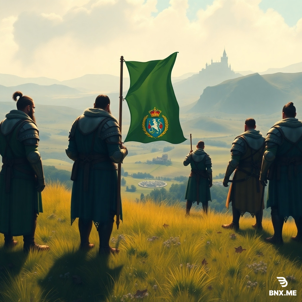 A cinematic wide shot of a group of determined characters in medieval-style armor standing on a grassy hill, overlooking a peaceful valley with a fortress. They hold a large green-and-blue flag with a coat of arms. Pastel tones, soft light, no violence, no weapons drawn. Style: digital painting, fantasy art, high detail, 16:9 aspect ratio.