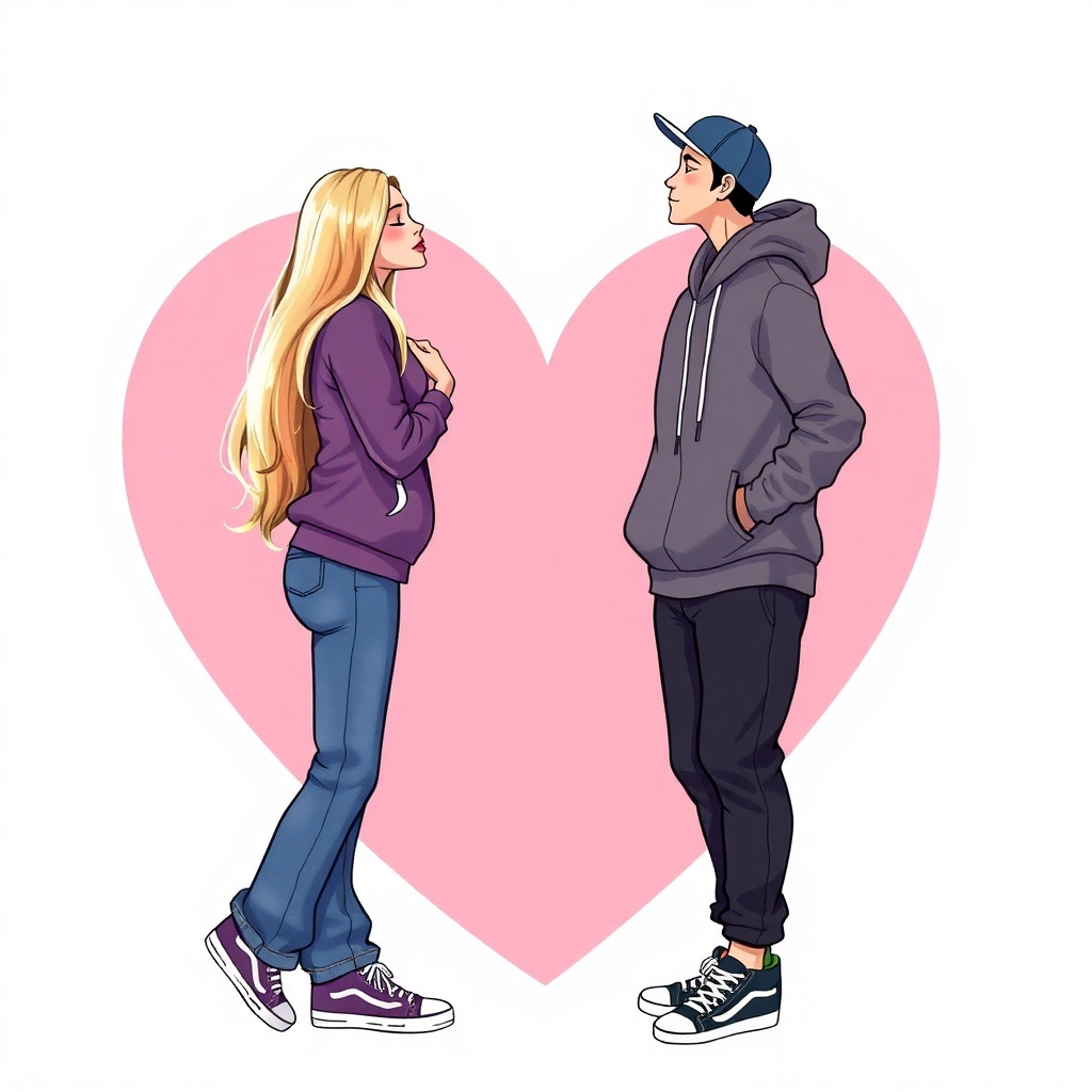 Create an image of a couple in the style of *Bratz* or *Monster High* cartoons. On the left, place a girl with long, light-blonde hair, wearing baggy jeans, a hoodie, and sneakers. On the right, place a guy wearing a cap, a hoodie, sweatpants, and sneakers. Position them against a heart-shaped background, kissing with their eyes closed. Show them from different angles.