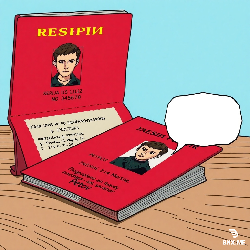 Colorful european comic book style, ligne claire, clear black ink outlines, flat colors. Close-up of an open red Russian passport on a wooden table. Inside: photo of young man, text "SERIJA 1112 No 345678", "VYDAN UMVD PO ZADNEPROVSKOMU RAJONU g. SMOLENSKA", "PROPISKA: g. Smolensk, ul. Popova, d.113 G, kv.20". Next to passport: small color portrait of young man (Petrov, dark green jacket, short dark hair, serious expression). One empty white speech bubble with black outline, completely empty. Background light blue.