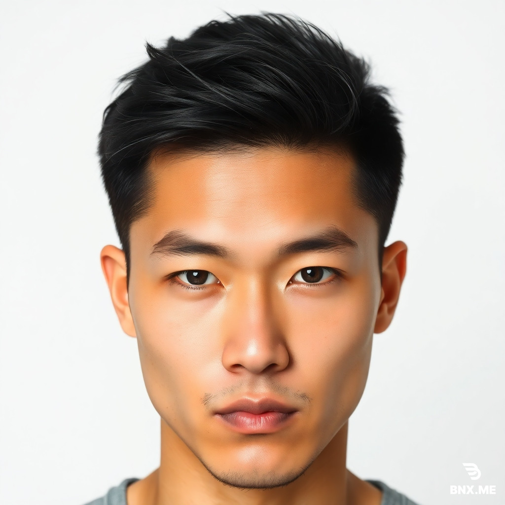 Front-facing portrait of a male aged 25-30. Subtle Asian admixture (non-dominant). Narrow to medium forehead. Slightly prominent cheekbones. Chin is very soft, almost unremarkable, lower face contour is rounded. Cheeks slightly fuller than average. Slightly aggressive eye expression: eyes narrowed, brows slightly furrowed, lower eyelids tense. Upper part of the head (above the temple level) is slightly more rounded and voluminous than average. Hairstyle: undercut disconnected, uniform hair length of 1 cm (very short, almost buzz cut). Neutral background, even lighting, photorealistic. No beard, no mustache, no glasses