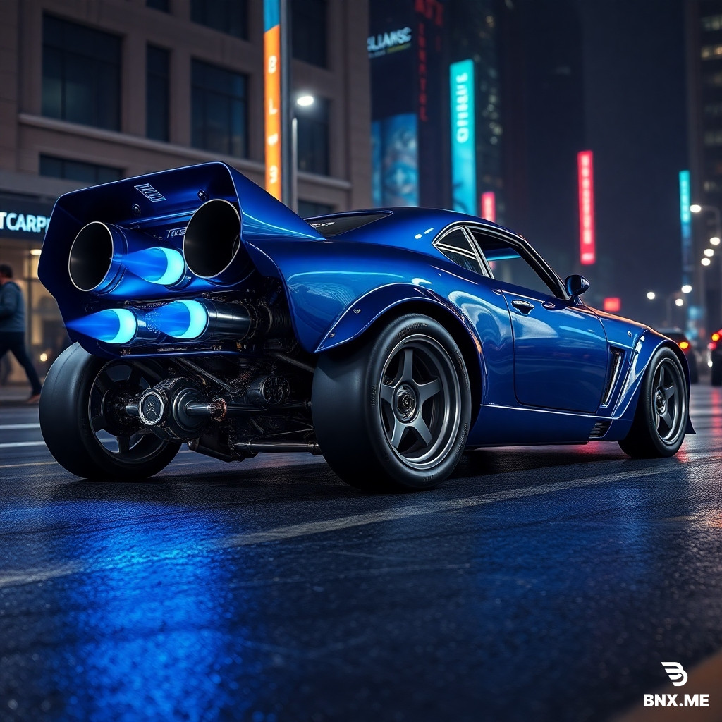 Aggressive steampunk muscle car, fully enclosed low-profile cobalt blue body, rear-mounted twin turbine jet engines with visible blue flame exhausts, massive functional front intake grille for radiator cooling, exposed push-rod suspension system with hydraulic pistons, large carbon-ceramic brake discs behind spoked wheels, roll cage visible through side windows, functional rear spoiler with adjustable angle, digital heads-up display on windshield, no decorative gears, industrial sci-fi design, low-angle side view, wet city street at night, dramatic neon reflections, photorealistic, 4k, hyperdetailed.