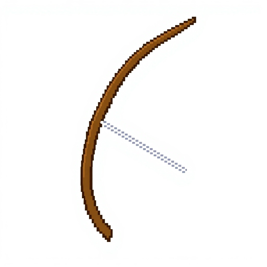 Hunting Bow: *"8-bit NES pixel art, 16x16 pixels, a simple curved brown wooden bow with a white bowstring. Side view. Palette: brown, white, black. Transparent. Simple crescent shape."*