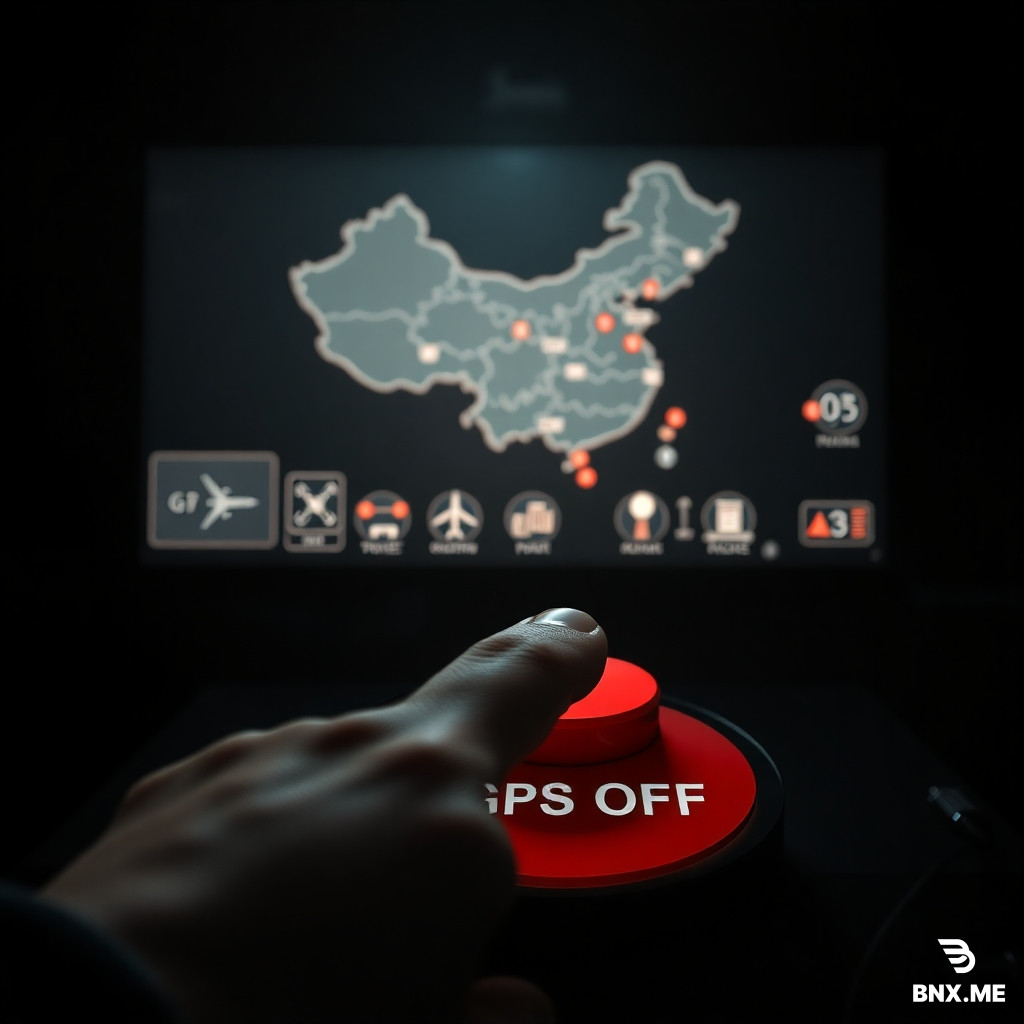 *A cinematic, symbolic shot from a dark control room. A single index finger hovers over a large red button labeled “GPS OFF”. In the background, a glowing night map of China is projected on a screen, with several key infrastructure icons (power plants, airport, stock exchange) turning grey or showing red warning symbols. The lighting is low-key, with the only illumination coming from the screen and a dim overhead spotlight on the button. Moody, tense atmosphere. 4K, photorealistic, movie poster composition.*