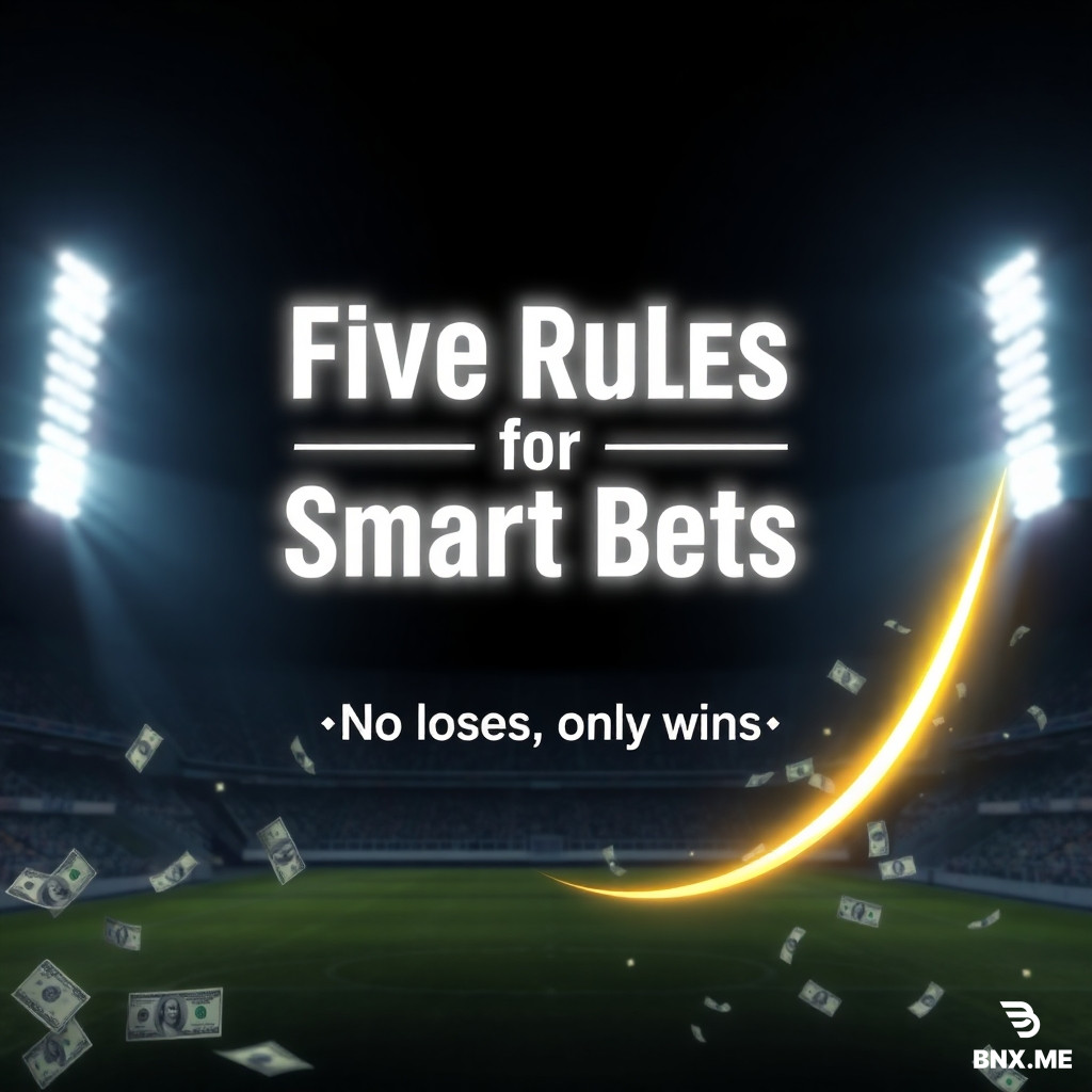 Night stadium background, floodlights on. Center: glowing white neon text «Five Rules for Smart Bets». Bottom: small «No losses, only wins». Right: golden arrow shooting up. Left: dollar bills floating down like confetti. Vertical, 1000×1500, sharp and alive.