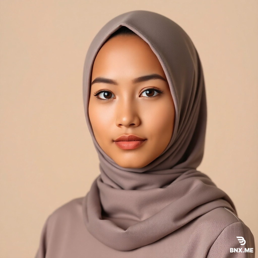 A young woman with a round, small face, medium brown/olive skin tone, not pale and not wheatish. She is wearing a full hijab that covers everything except her round face. She is wearing an elegant, simple dress. The photo is a professional headshot, soft lighting, neutral beige background, natural look, modest fashion style.
