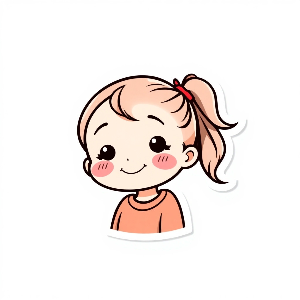 Buatkan aku stiker cute little girl with ponytail smiling, cartoon sticker design, white background, bold outline, kawaii style