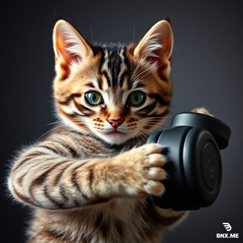 A silver tabby kitten is pumped up and doing a bicep exercise with one dumbbell