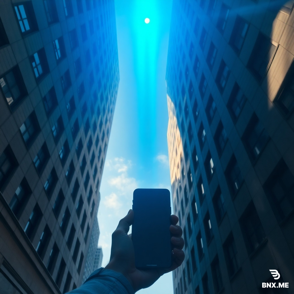 *Low-angle view from a deep street between two skyscrapers (urban canyon). A beam of blue light comes straight down from a high-orbit satellite above, piercing through the narrow gap and hitting a smartphone held by a person. Surrounding buildings have windows and shadows. The satellite is visible in the sky as a faint golden dot with a downward beam. Photorealistic, dramatic lighting, 4K, cinematic composition.*