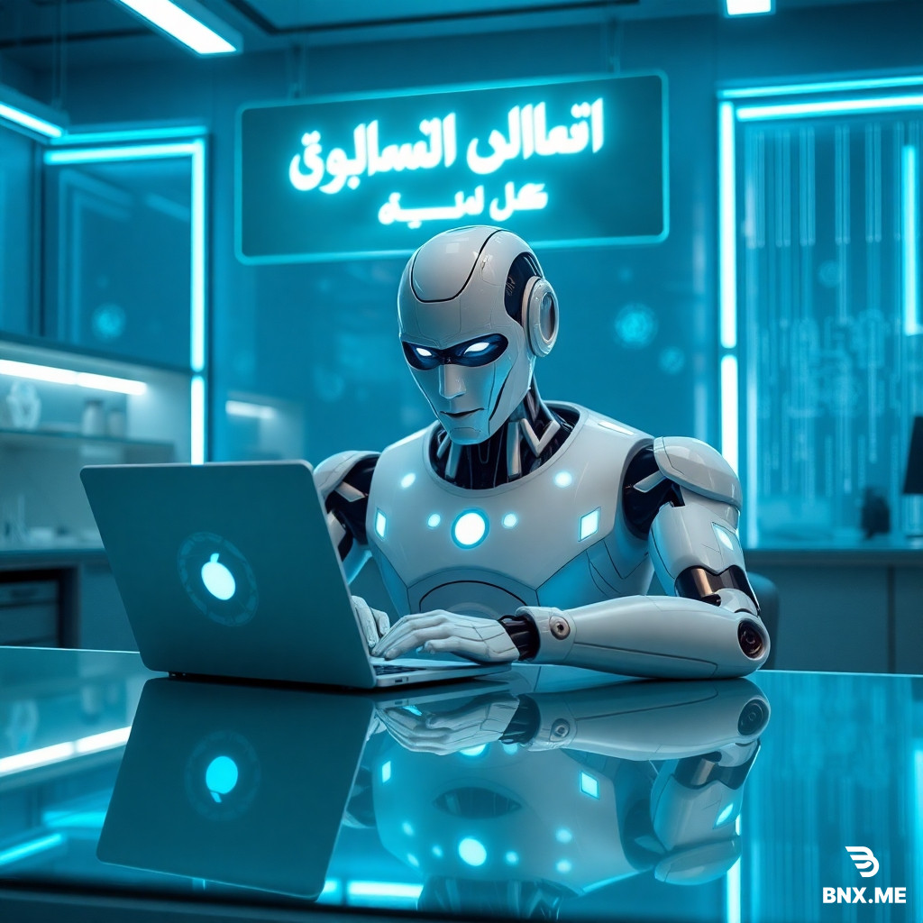 A highly advanced humanoid AI robot with a sleek silver and white metallic body, glowing blue eyes and chest light, sitting behind a modern glass desk, typing on a futuristic laptop with holographic screen, surrounded by floating digital data and AI symbols, in a high-tech laboratory with blue neon lighting, a large glowing sign above the robot reads in Persian: "ابزار تخصصی پرهام", ultra realistic, cinematic, 8k, sharp focus, sci-fi style, no animals, only robot