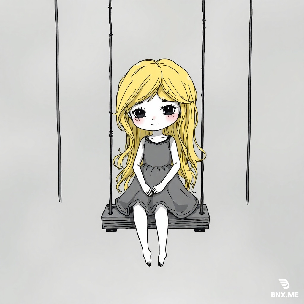 A doll with golden hair sitting on a swing.