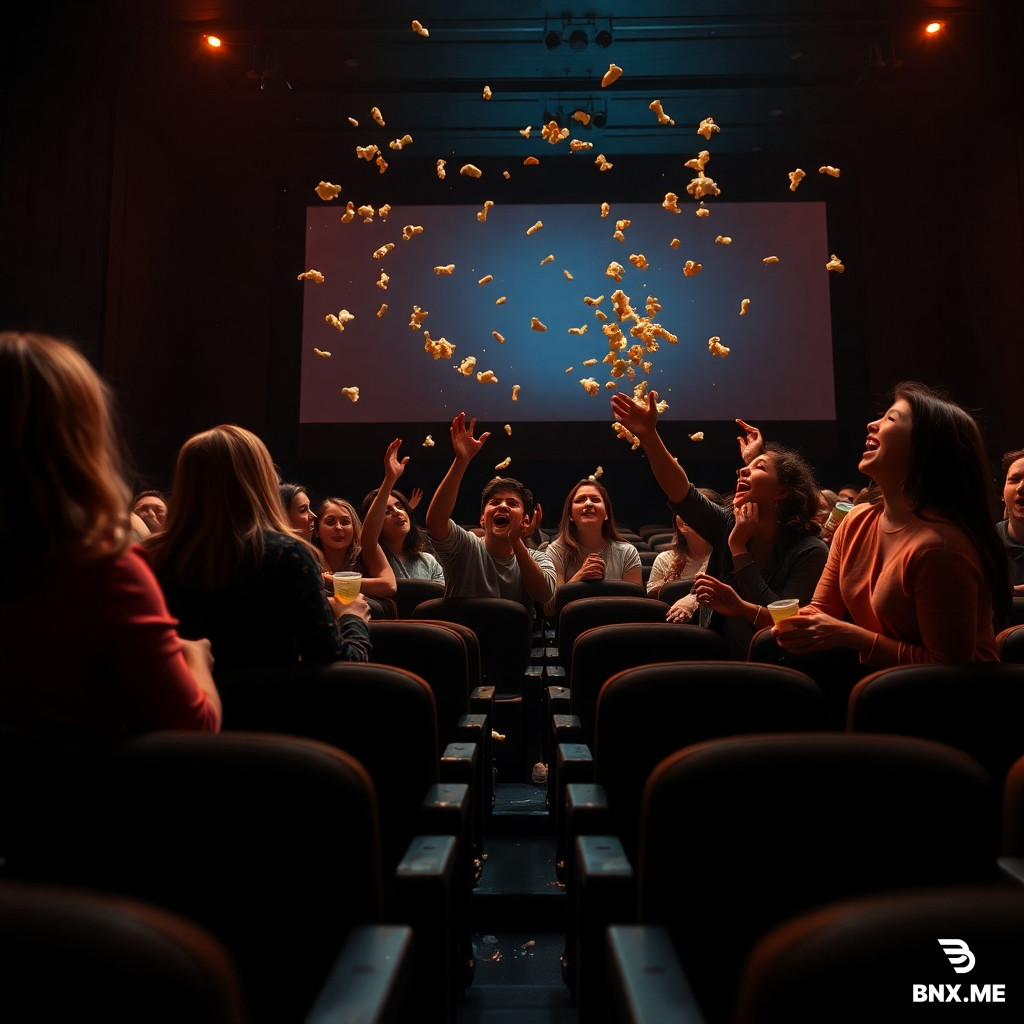 I can't create images, but here's a detailed prompt you can use in an AI image generator:  Prompt: Cinematic wide shot of a dark movie theater from behind, focused on the back row where a group of young adults (late teens/early 20s) are standing up, laughing loudly, and throwing handfuls of popcorn toward the screen. Popcorn kernels and pieces suspended mid-air, screen glow illuminating their excited faces and flying snacks. Messy theater seats, drinks spilled, chaotic but fun atmosphere. Photorealistic, dynamic motion blur, shallow depth of field, warm screen light contrasting with dark auditorium, 8k, hyper-detailed, Sony A7R IV style.