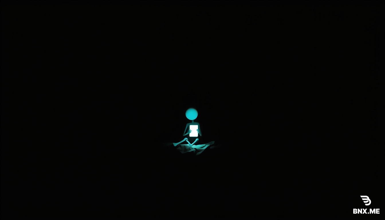 A lonely stickman figure sitting on a bed in a completely dark room, looking at a glowing smartphone, deep shadows, eerie atmosphere.