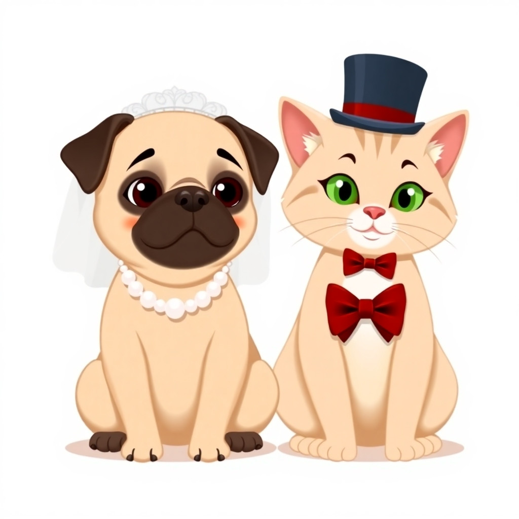 A square wedding invitation card, Disney animated style, isolated on a clean white background. A cute pug dog wearing a white bridal veil and pearl necklace, sitting next to a cute light brown cat with green eyes, white whiskers, black ears and a black back of the head, and a white chest, the cat wearing a black top hat and a red bow tie. Both pets sit side by side, looking happily at the viewer. Simple composition, flat vector illustration, soft shadows, no background elements, plenty of empty white space around them for text overlay. 1:1 aspect ratio.