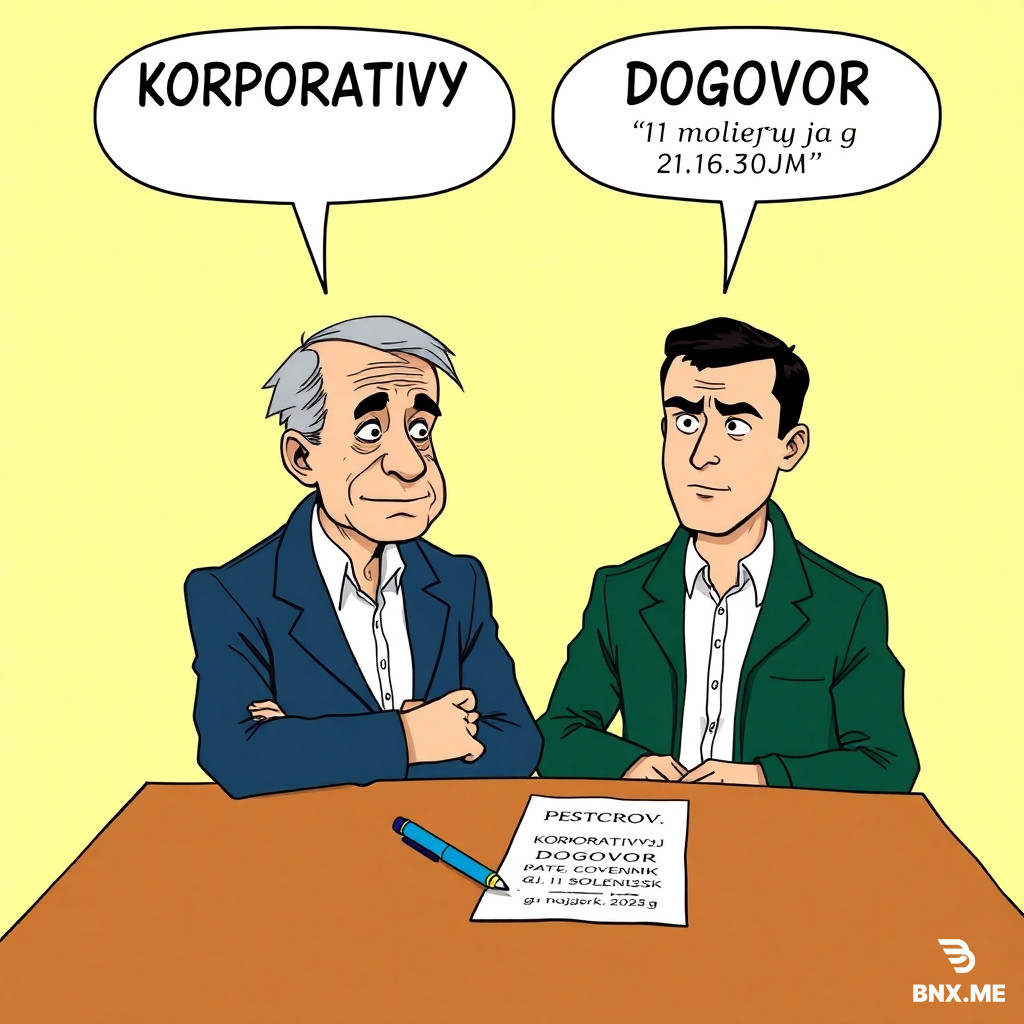 Colorful european comic book style, ligne claire, clear black ink outlines, flat colors, no shading, no gradients, cel-shaded like Tintin. Two characters: elderly man Sidorov (74 years old, thin face, deep wrinkles, gray hair combed back, tired eyes, wears dark blue jacket and white shirt). Young man Petrov (24 years old, short dark hair, sharp jawline, serious cold expression, wears dark green jacket and white shirt). Scene: both sitting at a wooden brown table facing each other. On table: a document with large black title "KORPORATIVNYJ DOGOVOR" and "g. Smolensk 11 nojabrja 2024 g.", a blue pen. No other people. Above each head: an empty white speech bubble with thick black outline, completely empty inside, no text, no letters, no symbols. Background pale yellow. Flat colors, black ink.
