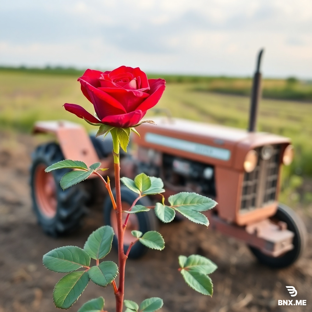 Make me a picture of a red rose used to introduce agricultural equipment and write its name: Hussein.