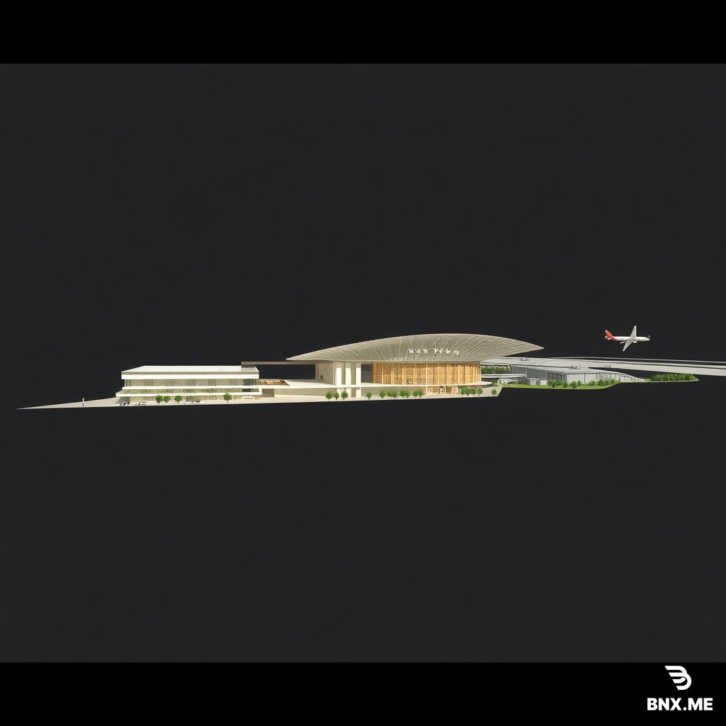 Hyper-realistic architectural cross-section diagram of an international airport site in the central plains of Aleppo, Syria. A long panoramic sectional cutaway view, stretching from the left (landside) to the right (airside), showing the vertical relationships between topography, buildings, and aircraft movement.  The ground profile is a gentle, almost flat horizontal line with a very slight natural slope descending from left to right (typical Aleppo steppe terrain). The section clearly shows three distinct levels:  1. Underground level: A partial basement beneath the terminal containing baggage handling conveyor systems, mechanical rooms, and a service tunnel connecting to the car park.  2. Ground level (street grade): The main terminal entrance with a drop-off canopy, pedestrian plaza, and the beginning of the check-in hall. To the left, the multi-story car park rises five levels with ramp access.  3. Upper level: The departure hall with the undulating concrete roof, showing the thickness of the structure and the star-shaped skylights penetrating through. Above it, the minaret-inspired control tower rises to its full height with its glazed lantern cab.  On the airside (right side), the ground remains perfectly flat with a thick paved runway section showing its layered construction (sub-base, asphalt, and marking lines). A wide-body aircraft is shown in section with its landing gear touching the ground, and its wing overlapping the terminal roof to indicate scale comparison.  The earth beneath the runway is labeled with soil strata: a thin topsoil layer, followed by compacted fill, then natural clay and limestone bedrock typical of the Aleppo region.  Geometric annotations: vertical dimension lines indicating floor-to-floor heights, a scale bar, elevation markers in meters, and a simple compass. The drawing style is a hybrid between realistic rendering and architectural technical drawing (clean lines with soft shading and subtle material textures).  Atmospheric background: a gradient sky transitioning from dusty yellow at the horizon to pale blue above, with a faint sun symbol showing the solar angle. Surrounding the section, a silhouette of distant olive trees and a small village minaret on the far left horizon for context.  Architectural presentation quality, 8k resolution, crisp legibility, informative yet artistic.--ar 21:9
