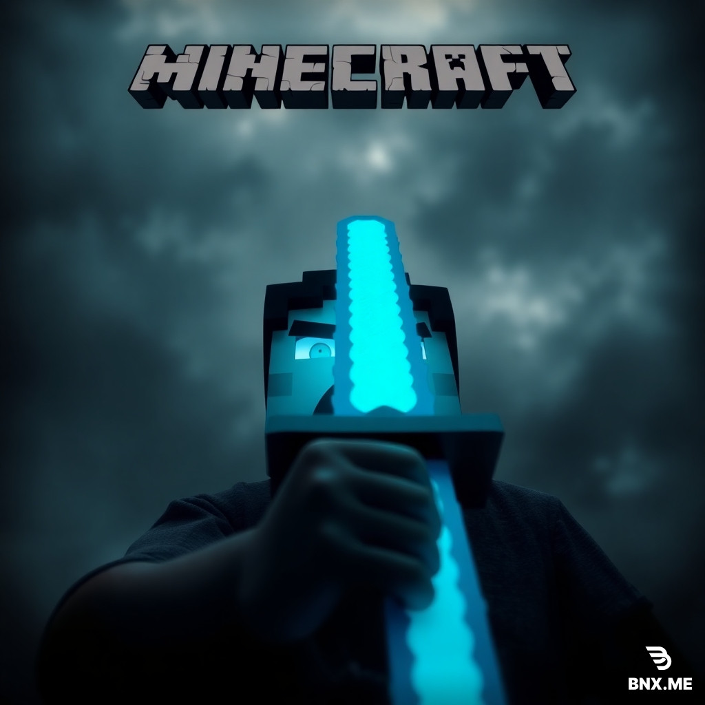 Minecraft thumbnail, low angle camera from below, dark stormy sky, player face center with angry scared expression, holding glowing blue sword, cyan color tone, sharp focus, dark vignette edges, no text, wemmbu style