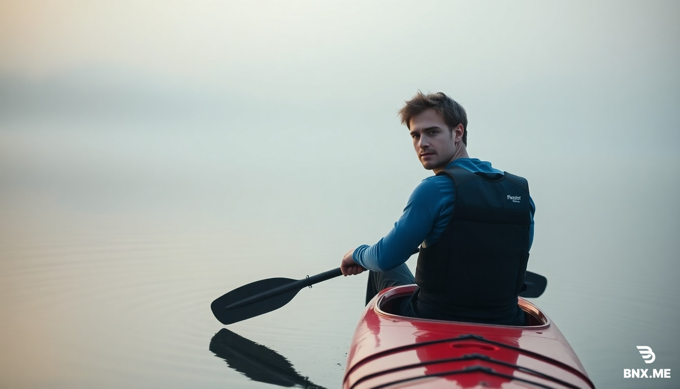 A cinematic, true-crime documentary style scene set just after sunrise on a calm lake in the late 2010s. Ryan Borgwardt, a 38-year-old Caucasian man with soft but focused facial features, light stubble, medium-length brown hair slightly tousled by a cool morning breeze, and thoughtful hazel eyes with a calm, analytical expression, is seen paddling alone across still water. He wears a fitted blue thermal long-sleeve shirt, a black kayaking life vest, and dark water-resistant pants. His red touring kayak cuts gently through the glass-like surface of the lake, surrounded by faint mist and pale early-morning light. The atmosphere feels tense and suspended, as if the water itself is holding its breath. Wide cinematic framing, cool muted tones, subtle fog, soft natural lighting, realistic documentary realism, quiet suspenseful mood, shallow ripples on the lake emphasizing isolation and foreboding.