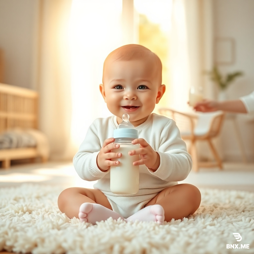 A heartwarming and realistic advertisement for organic baby milk powder. The main subject is a happy and healthy baby, around 8 months old, sitting on a soft, white woolen rug in a bright, airy nursery room filled with warm morning sunlight. The baby is holding a modern, sleek, and minimalist baby bottle with both hands, smiling directly at the camera. In the background, out of focus (bokeh effect), we see a loving mother's hands gently holding a glass of milk, symbolizing purity and care. The lighting is soft and natural, creating a sense of trust and safety. The composition should be clean, professional, and suitable for a premium brand advertisement. High resolution, photorealistic, 4k, shot on a Canon EOS R5.